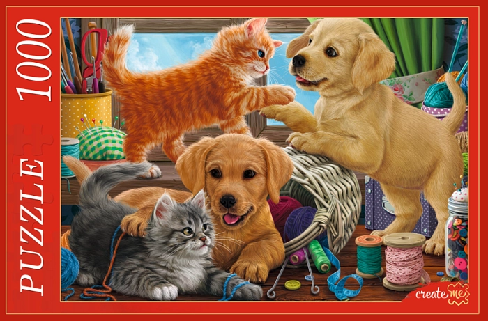 Puzzle Red Cat 1000 parts: Kittens and puppies Ф1000-7956