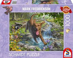 Schmidt 1000-piece puzzle: M.Fredrickson. Chocolate labrador in the spring forest