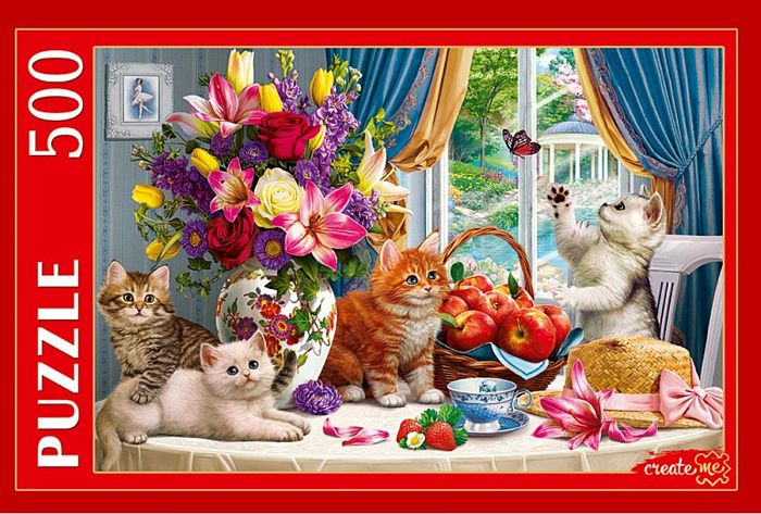 Puzzle Red Cat 500 details: Fluffy kittens in the living room ФП500-5885