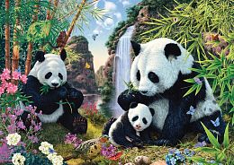 Schmidt 500 Piece Puzzle: A family of pandas at a waterfall