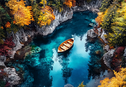 Alma PREMIUM wooden puzzle 1000 pieces. The magic of nature. Boat in the Karelian rocks