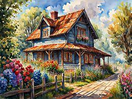 Wooden 500-piece puzzle House in the village. Summer walks