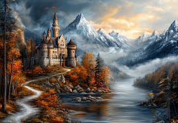 Wooden puzzle with 1000 pieces. A fabulous world. Mountain castle by the river