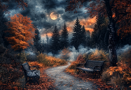 Wooden puzzle with 1000 pieces. The magic of nature. Moonlight in the autumn park
