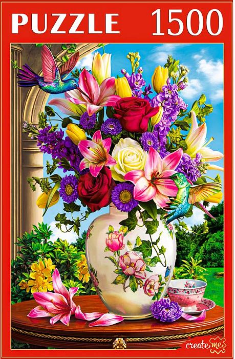 Puzzle Red Cat 1500 pieces: Flowers and hummingbirds Ф1500-0643