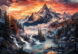 Alma PREMIUM wooden puzzle 1000 pieces. The magic of nature. Evening fog in the mountains.