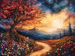 Wooden puzzle with 500 pieces. The magic of nature. A tree among mountains and flowers