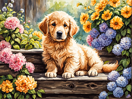 Wooden puzzle 500 pieces of Fluffy creatures. Retriever puppy No. 13