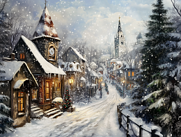 Wooden puzzle with 500 pieces. Cities and countries. Snowfall in December.
