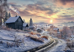 Wooden 1000-piece puzzle House in the village. Winter road