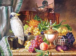 Puzzle 3000 details Castorland, Still life with fruit and cockatoo, Josef Schuster