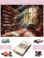 Wooden puzzle with 500 pieces. It's a strange time. An abandoned library.