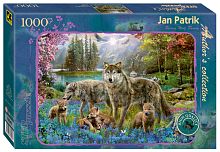 Step puzzle 1000 pieces: A family of wolves in the spring