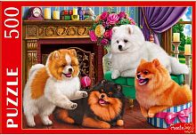 Puzzle Red Cat 500 details: Fluffy Pomeranians by the fireplace