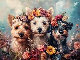 Wooden puzzle with 500 pieces. Furry creatures. Three terriers