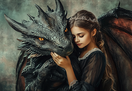 Alma PREMIUM wooden puzzle 1000 pieces. A fabulous world. The girl and the black dragon