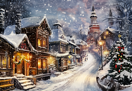 Wooden puzzle with 1000 pieces. Cities and countries. Winter evening in the city
