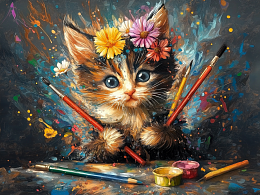 Wooden puzzle 500 pieces of Fluffy creatures. Kitten and pencils