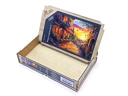 Wooden puzzle with 1000 details of the City and country. Evening in the old town