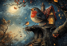 Alma PREMIUM wooden puzzle 1000 pieces. Fabulous houses. A bright bird in the world of night wonders