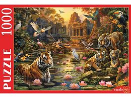 Puzzle Red Cat 1000 pieces: Tigers by the lake at sunset