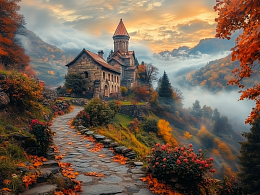 Wooden puzzle with 500 pieces. The magic of nature. Stone house among the mountains