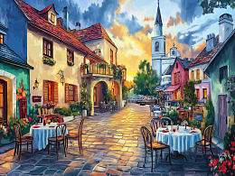 Wooden puzzle with 500 pieces. Cities and countries. Evening cafe under the sunset sky