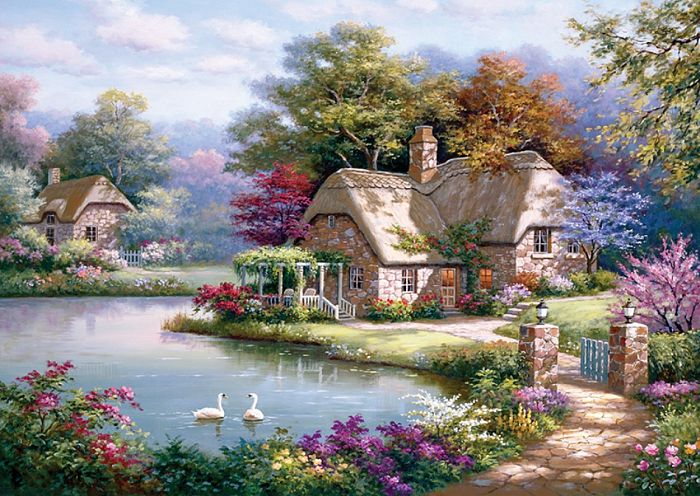 Anatolian jigsaw puzzle 1500 pieces: Swans and a country house ANA.4529