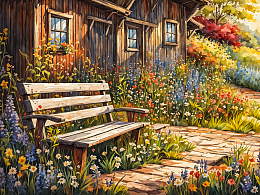 Wooden 500-piece puzzle House in the village. Bench at the house