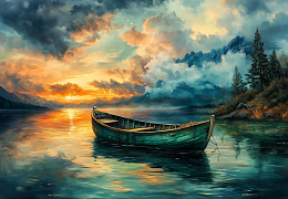 Alma PREMIUM wooden puzzle 1000 pieces. The magic of nature. Lake, boat and silence