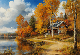 Wooden puzzle with 1000 pieces. The magic of nature. Lake of Autumn Dreams