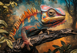 Wooden puzzle with 1000 pieces. Wild and cute. Chameleon on a branch