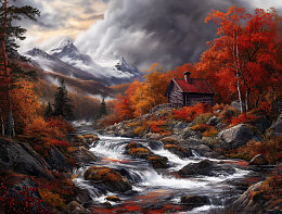 Wooden puzzle with 500 pieces. The magic of nature. The house by the mountain stream.