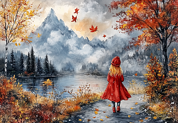 Alma PREMIUM wooden puzzle 1000 pieces. The magic of nature. The girl in red and the mountains