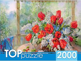 TOP jigsaw Puzzle 2000 parts: the Russian collection. O. Dundorf. Tulips with wild cherry