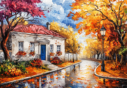 Wooden puzzle with 1000 pieces. Cities and countries. Rain in an autumn city