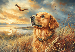 Wooden puzzle with 1000 pieces. Furry creatures. Retriever and autumn gold