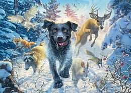 Schmidt 1000-piece puzzle: M.Fredrickson. Black Labrador on a snowy trail