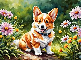 Wooden puzzle 500 pieces of Fluffy creatures. Corgi and daisies