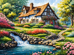 Wooden puzzle 500 pieces of Fairy houses. Waterfall at the house