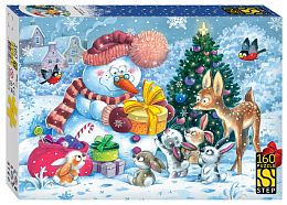 Step puzzle 160 pieces: Snowman and bunnies