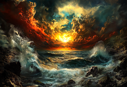 Wooden puzzle with 1000 pieces. Ships and the sea. Stormy sunset over the sea