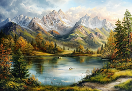 Wooden puzzle with 1000 pieces. The magic of nature. Lake in the shadow of the mountains