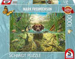 Schmidt 1000-piece puzzle: M.Fredrickson. Chocolate labrador swims