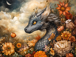Wooden puzzle with 500 pieces. A fabulous world. A dragon wrapped in flowers