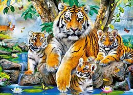 Puzzle Castorland 120 details: Family of tigers at a stream