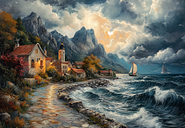 Alma PREMIUM wooden puzzle 1000 pieces. Ships and the sea. The sea, yachts and evening silence