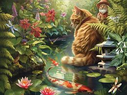 Cobble Hill Puzzle 275 pieces: Cat and koi fish