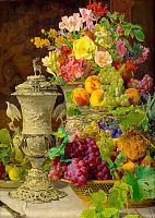 Enjoy 1000 pieces puzzle: Ferdinand Georg Waldmuller. Still life with fruits, flowers and a silver bowl