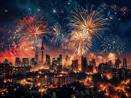 Wooden puzzle with 500 pieces. Cities and countries.Fireworks over the sleeping city